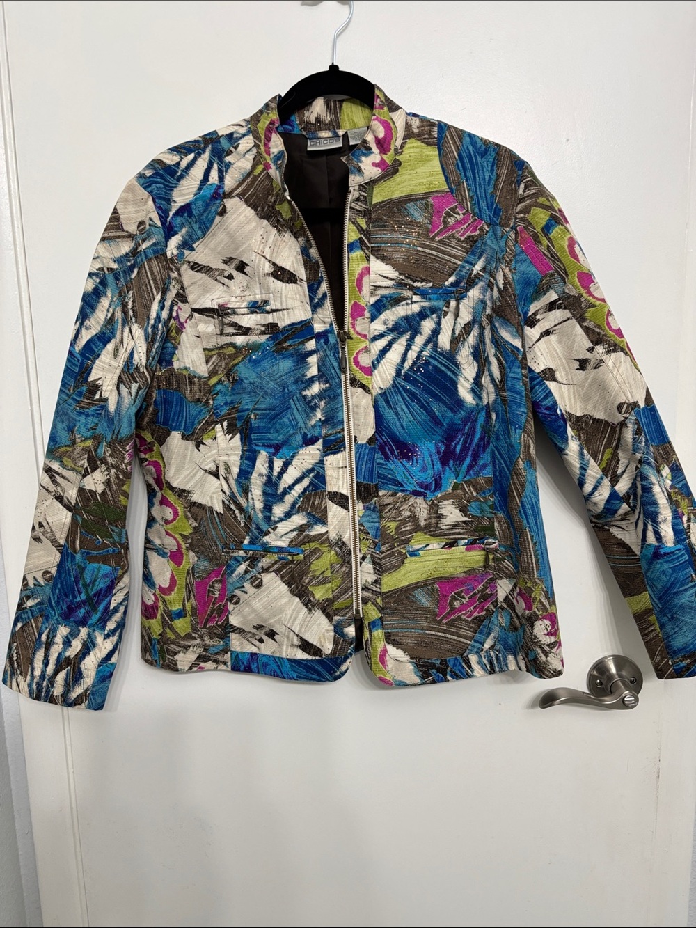 Chico's Blue Multi Abstract Brushstroke Zip Jacket